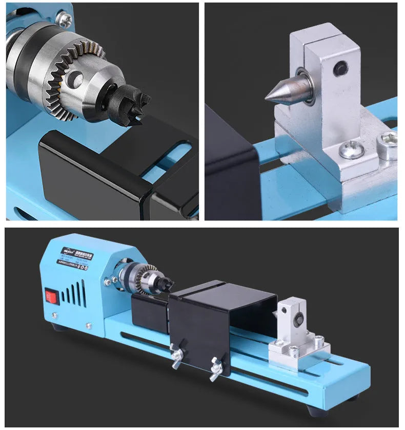Mini DIY woodworking lathe in blue with protective cover, chuck, and accessories on a white background