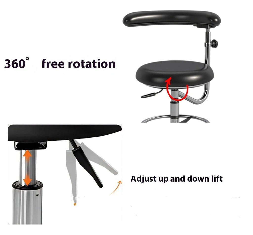 Black leather dental nurse chair with manual hydraulic height adjustment mechanism for clinical use