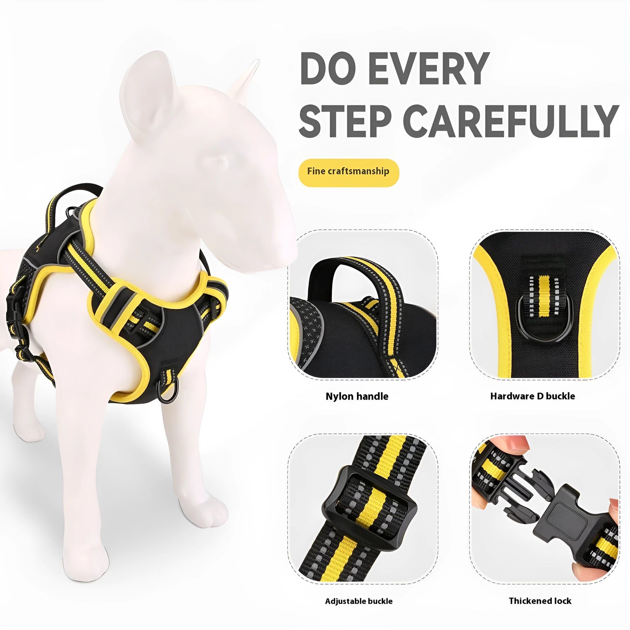 Yellow and orange polyester dog harness with traction strap for outdoor training