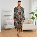 Men's tiger pattern ice silk bathrobe and shorts set laid flat showing long sleeves and short length pants