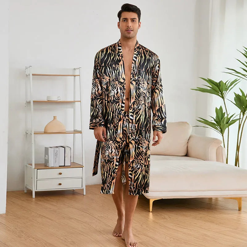 Men's tiger pattern ice silk bathrobe and shorts set laid flat showing long sleeves and short length pants