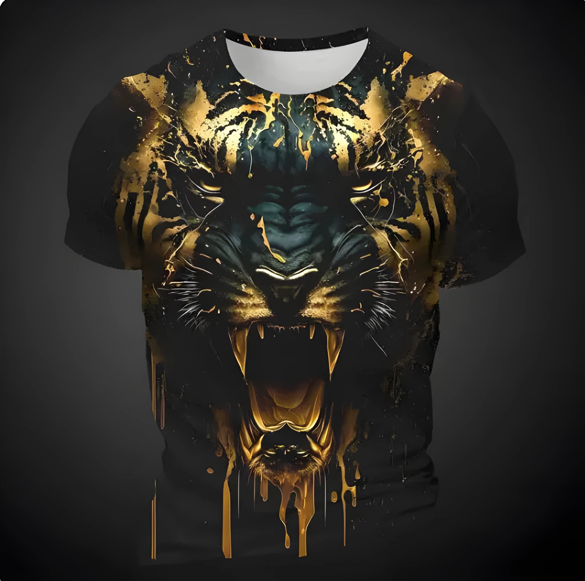 Men's 3D tiger pattern short sleeve polyester T-shirt on mannequin showing digital printing detail