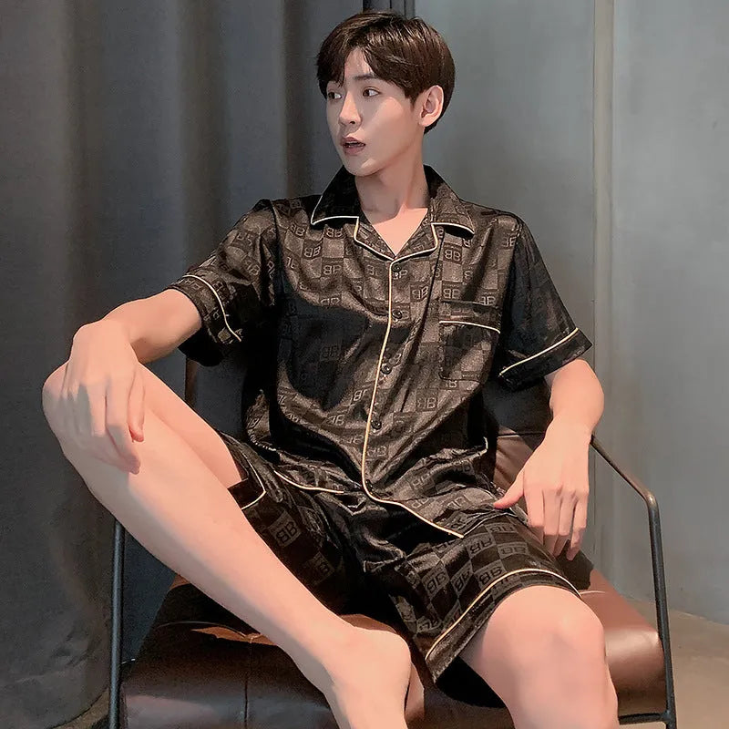 Men's ice silk short sleeve pajama set in plaid pattern, plus size loose fit, summer homewear suit