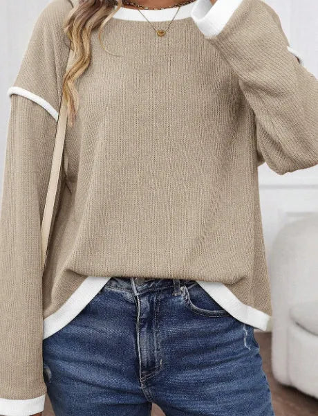 Knit drop shoulder loose top with contrast trim in Four Leaf Clover colour