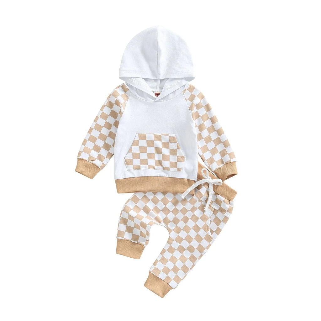 Boys' plaid patchwork cotton hoodie and trousers suit in beige and black neutral colours