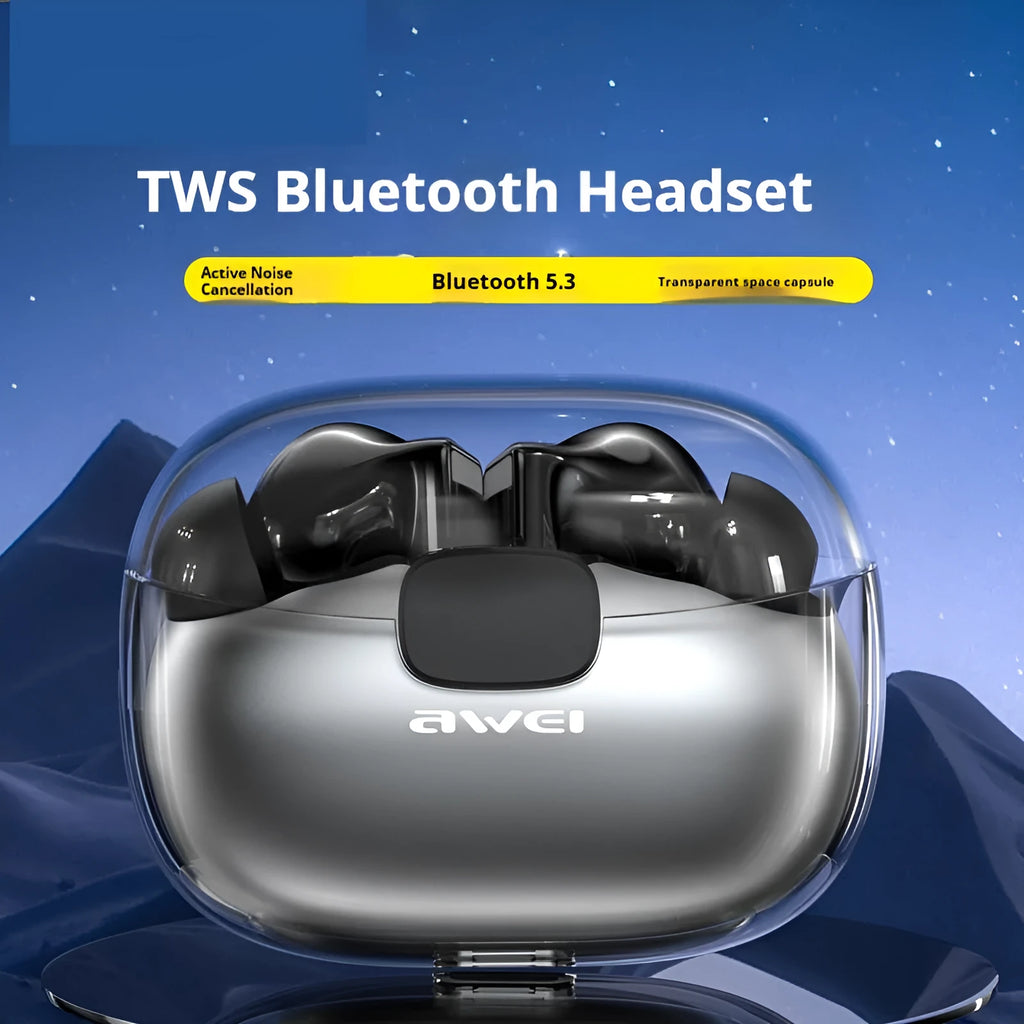 T52 transparent black TWS earbuds with charging case and breathing light