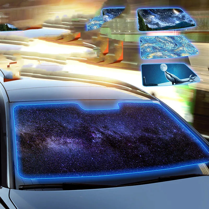 Car sun umbrella made from titanium silver glue and impact cloth with telescopic arms, resting on a car windscreen interior
