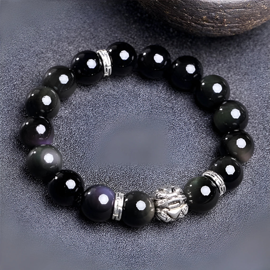 Natural obsidian bracelet with lucky colour eye patterns and 999 silver fastenings in 10MM and 12MM sizing options