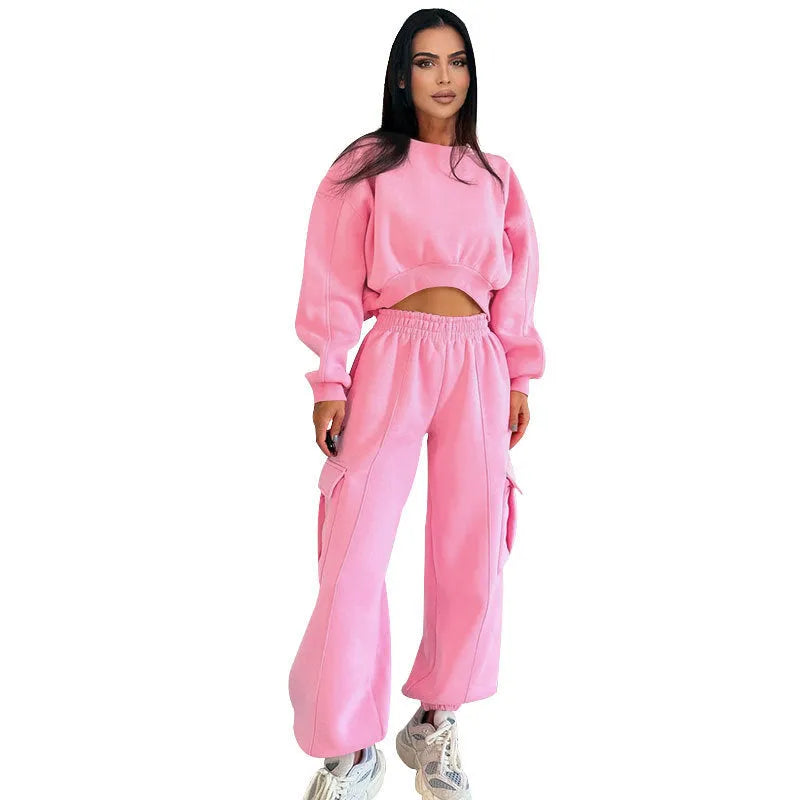 Women's casual round neck high waist sweatpants suit in solid colour with pocket, polyester fibre