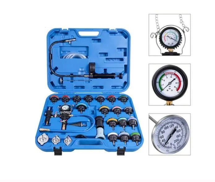 28-piece automotive radiator pressure testing kit with vacuum purge and refill tools