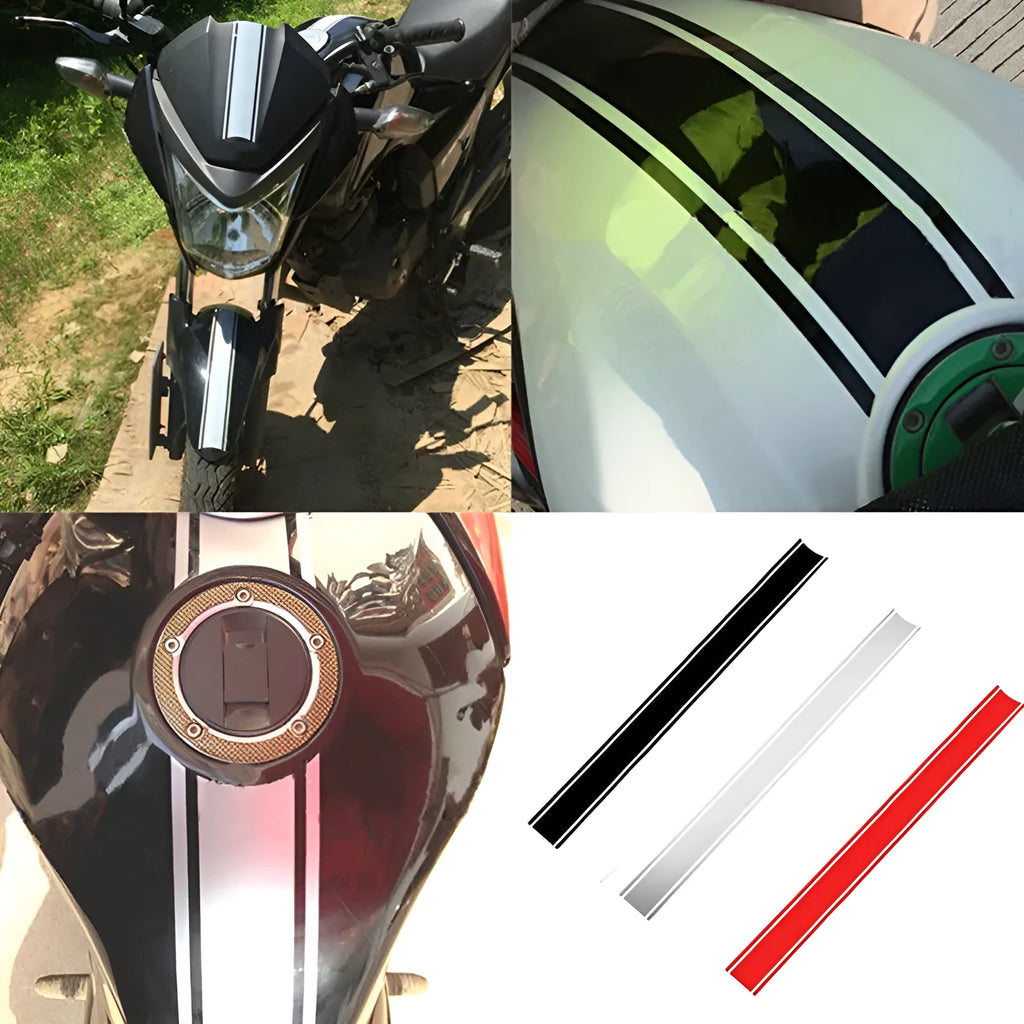Long black reflective pinstripe sticker for motorcycle gas tank customisation.