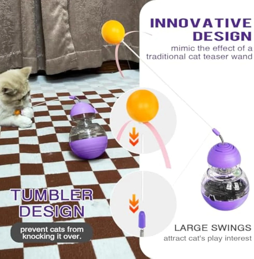 Colourful rocking cat interactive toy with a teaser wand, light-up ball, and food dispenser on a purple base.