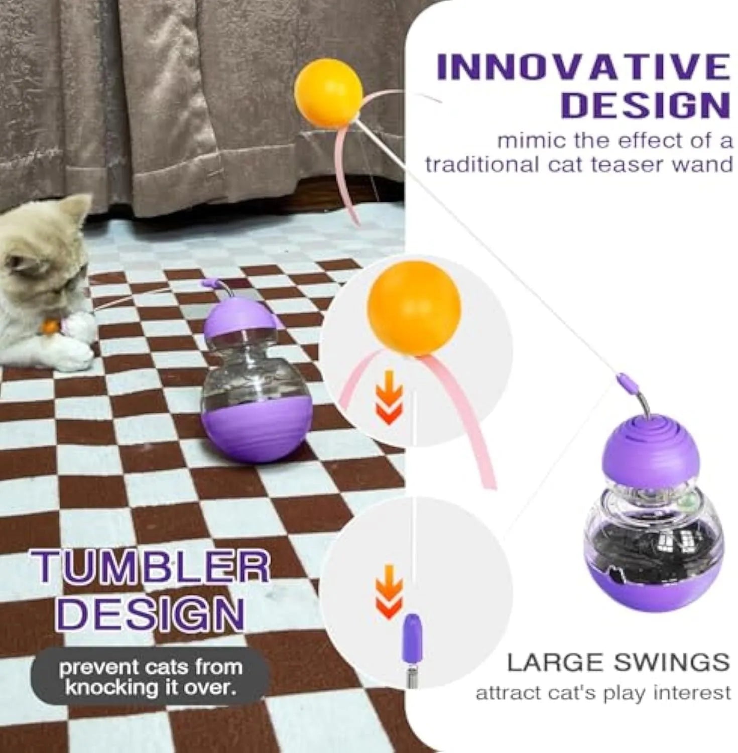 Colourful rocking cat interactive toy with a teaser wand, light-up ball, and food dispenser on a purple base.