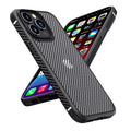 Black hybrid TPU and PC protective phone case with carbon fibre pattern for Apple iPhone 13 Pro model