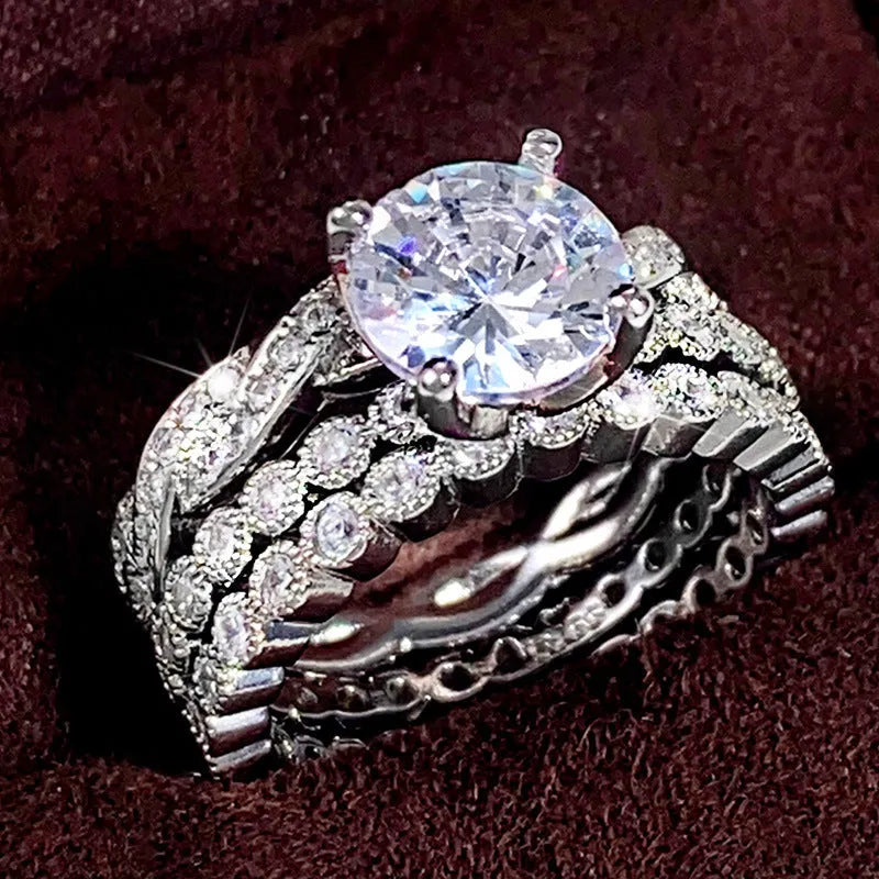 Three ring set copper zircon geometric design Q147 white gold colour for women sizes No.6-10