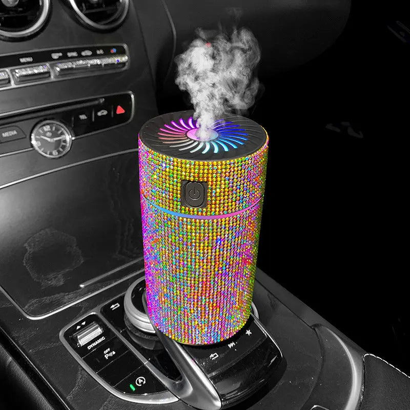 Car-mounted air purifier humidifier unit showing compact design and USB power connection