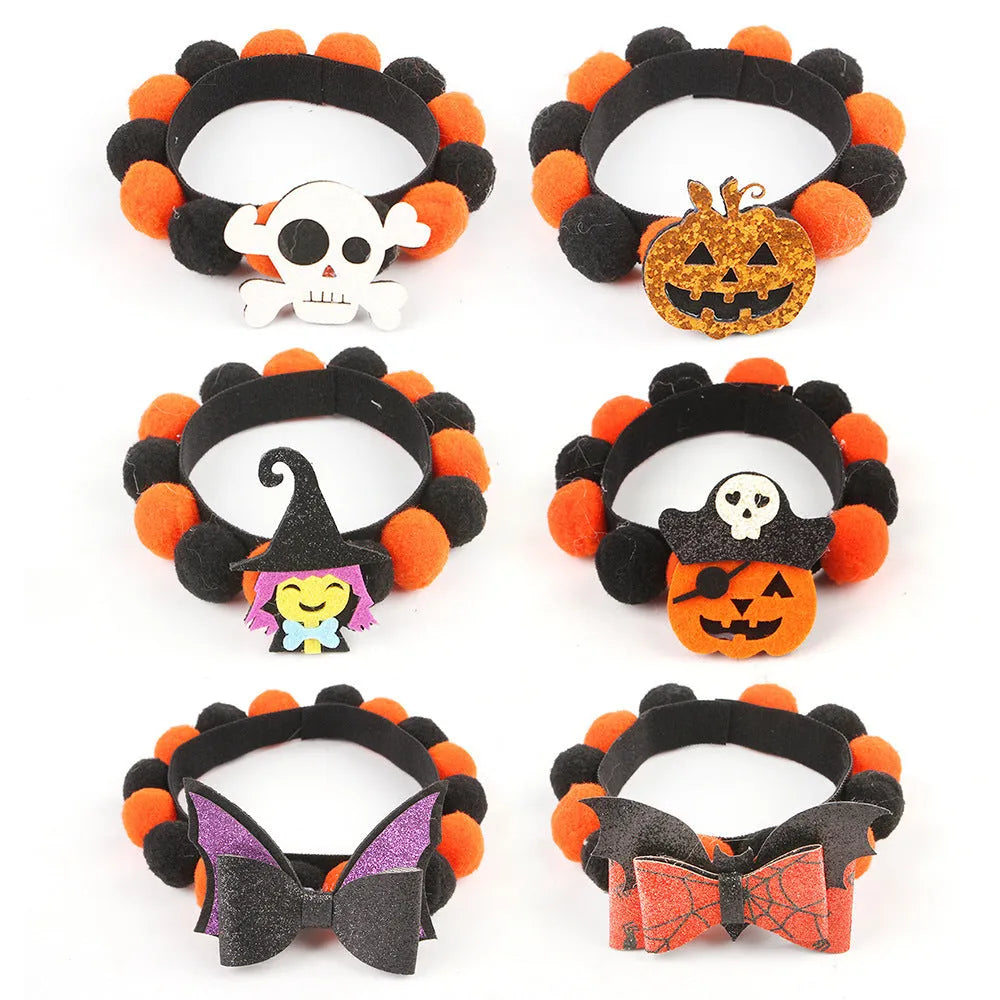 Halloween pet collar with fur ball decoration in pumpkin, pirate, skull, and witch colour designs