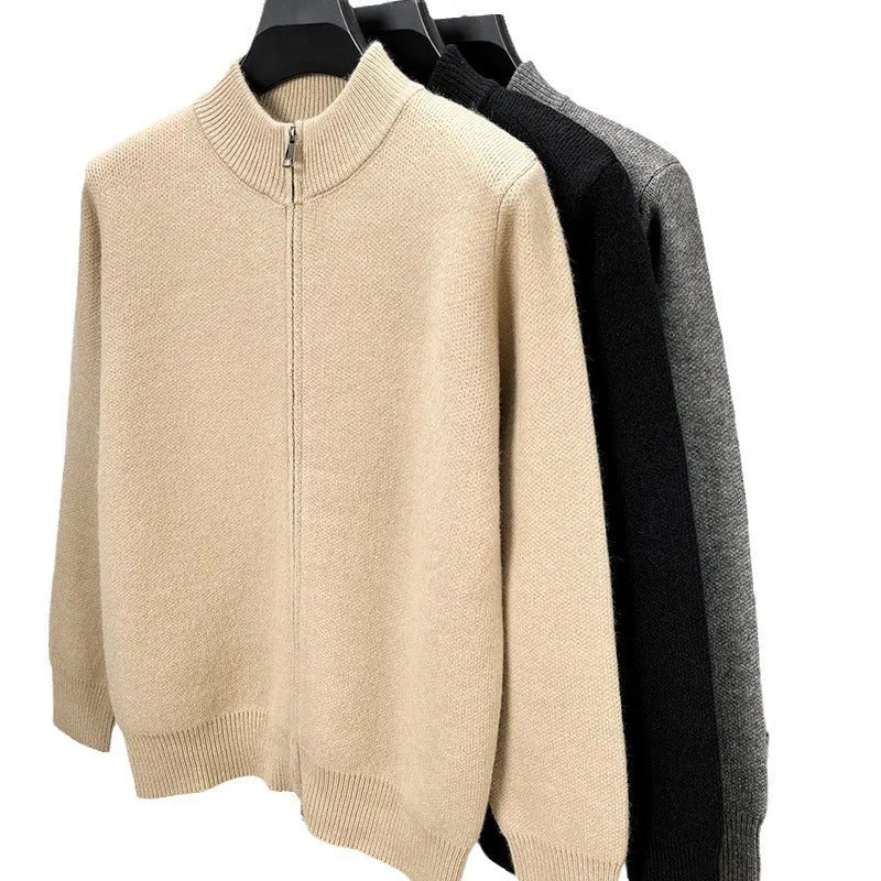 Men's stand collar knitted zipper cardigan in loose fit available in black, grey and beige