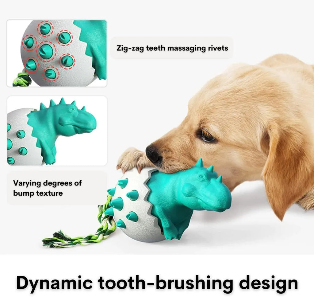 Blue durable rubber and nylon dinosaur-shaped dog chew toy with an integrated rope for aggressive chewers.