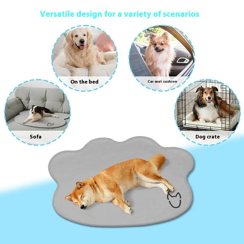 Light gray dog head shaped ice silk cooling mat for pets on a wooden floor