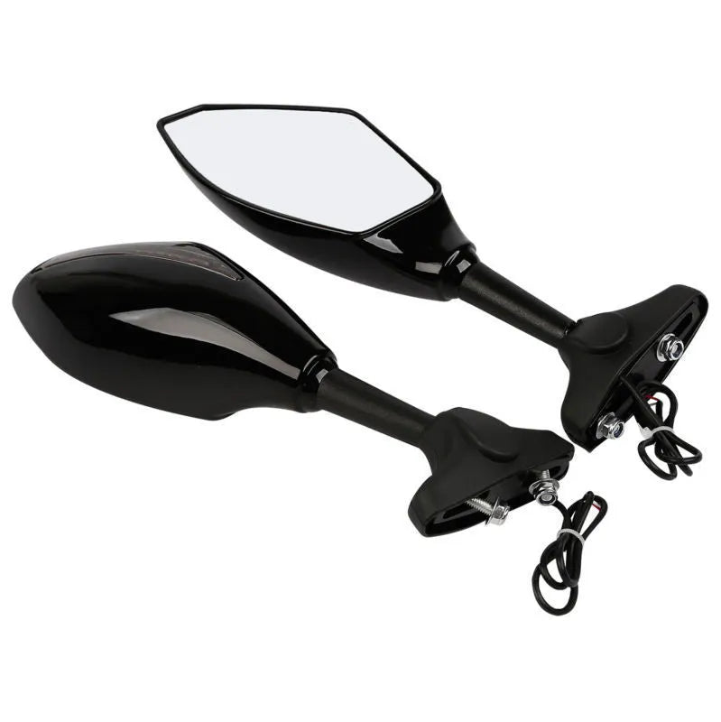 Motorcycle rear view mirror with LED arrow turn signals black plastic and aluminium stem