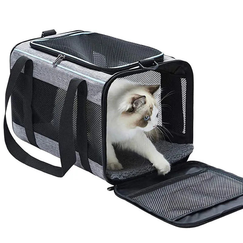 A grey portable pet carrier bag with blue edge trim, made from Oxford fabric, shown with dimensions of 44cm long by 29cm wide.