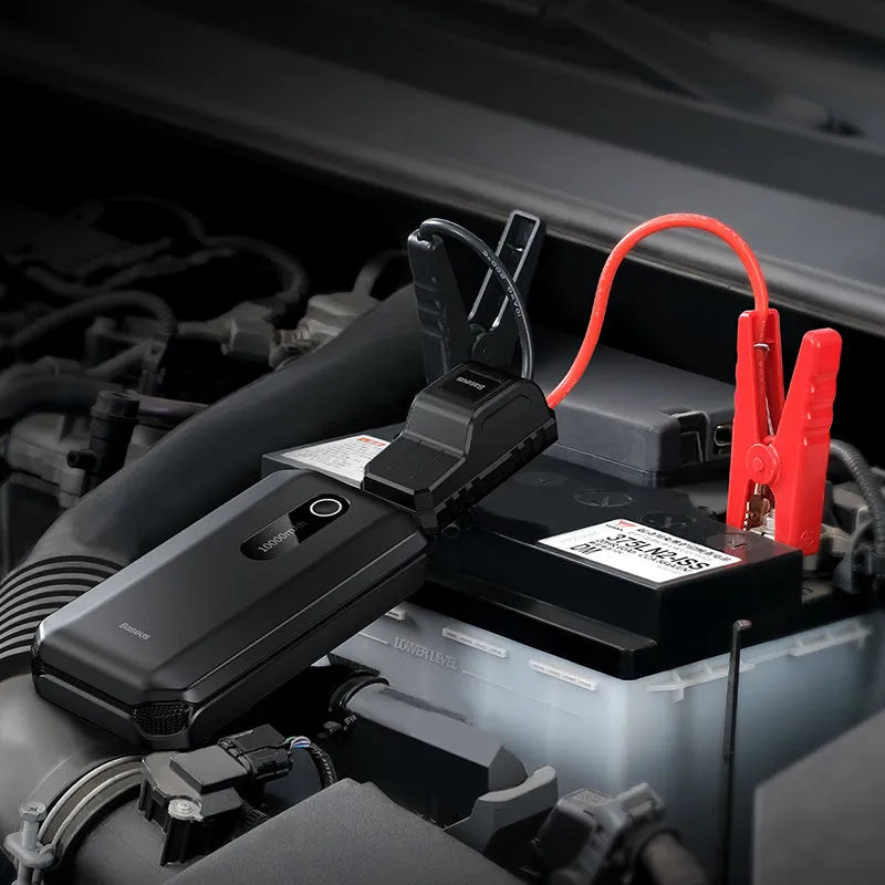 Vehicle mounted emergency lighter jump starter in black with 10000mAh battery and USB Type-C ports