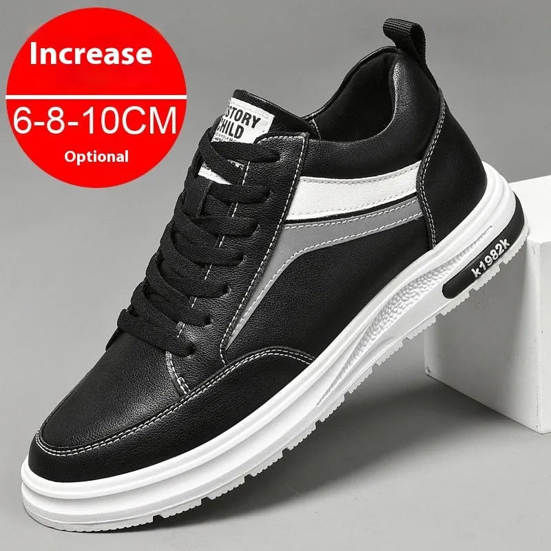 Men's black and white low-top lace-up casual sneakers with hidden height increase insoles on a rubber sole.