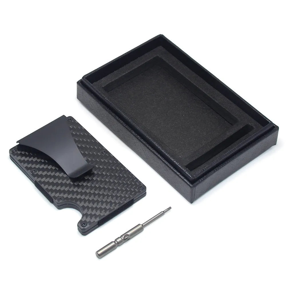 Geometric card holder in carbon fibre and aluminium, showing slim 8mm profile and capacity for multiple cards.