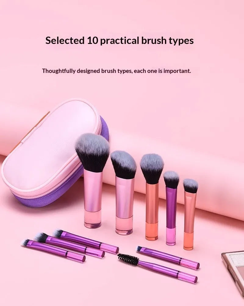 10-piece makeup brush set with crystal handles, aluminium tubes, and fibre bristles in a storage bag