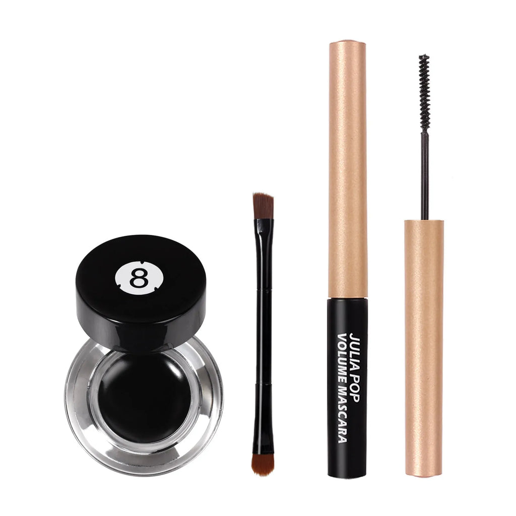 Waterproof smudge-free mascara and eyeliner set in black and brown with application brush