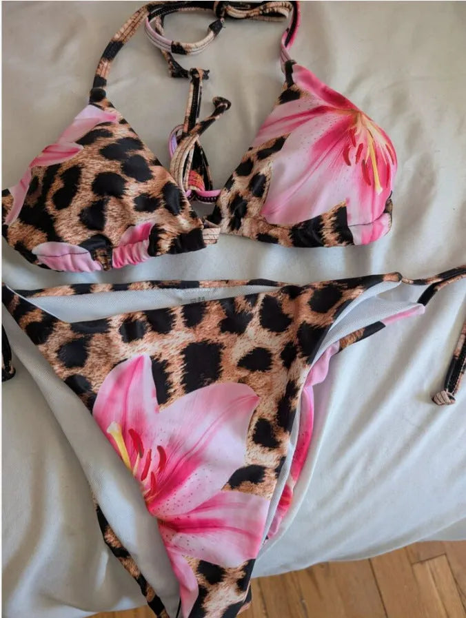 Leopard print lace-up backless high elasticity bikini swimsuit for women in black