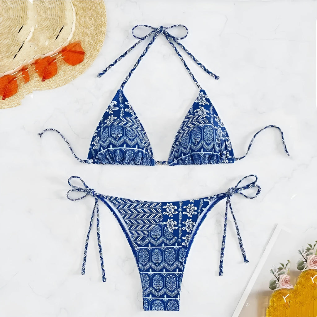 Women's bandage style split bikini swimsuit with stitching and printing details in multiple colour options