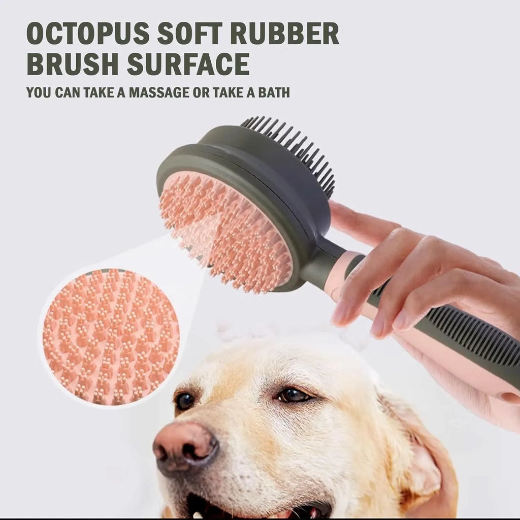 Green and pink double-sided cat brush with release button and a separate flea comb on a white background.