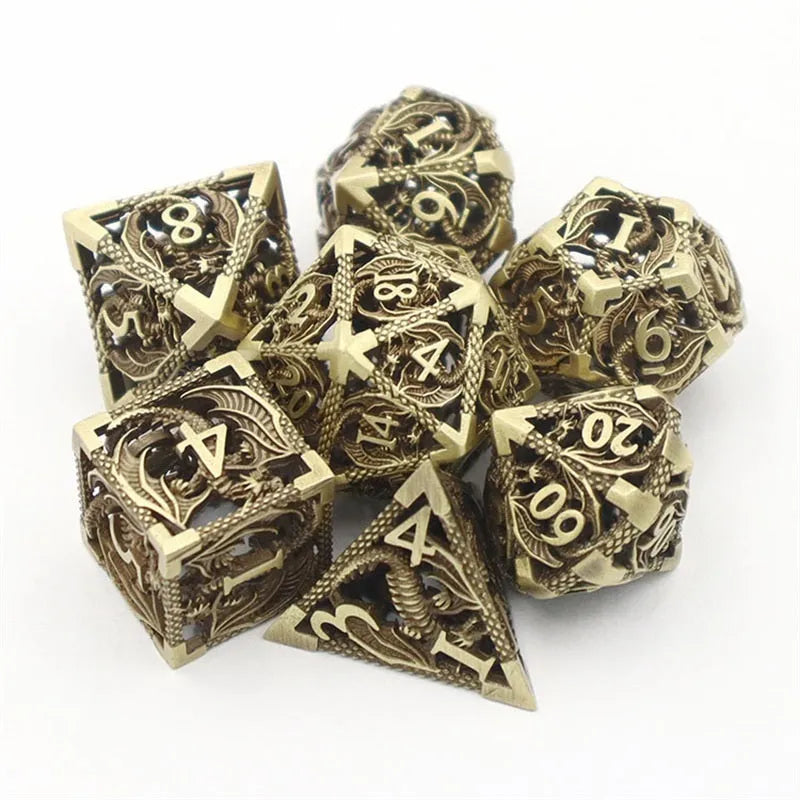 Hollow copper electroplated dice set in ancient bronze, seven polyhedral dice with right-angle edges