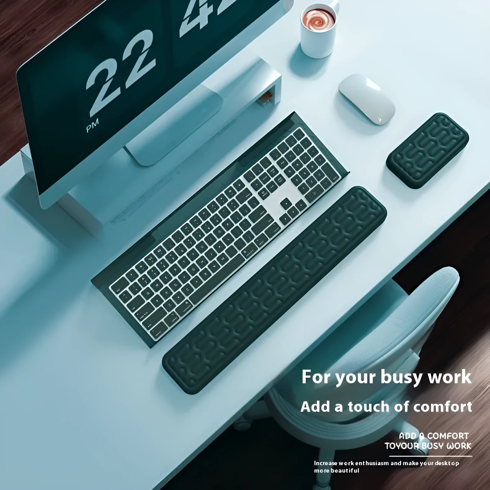 Double-sided memory foam keyboard and mouse pad with adjustable wrist strap in multiple colour options