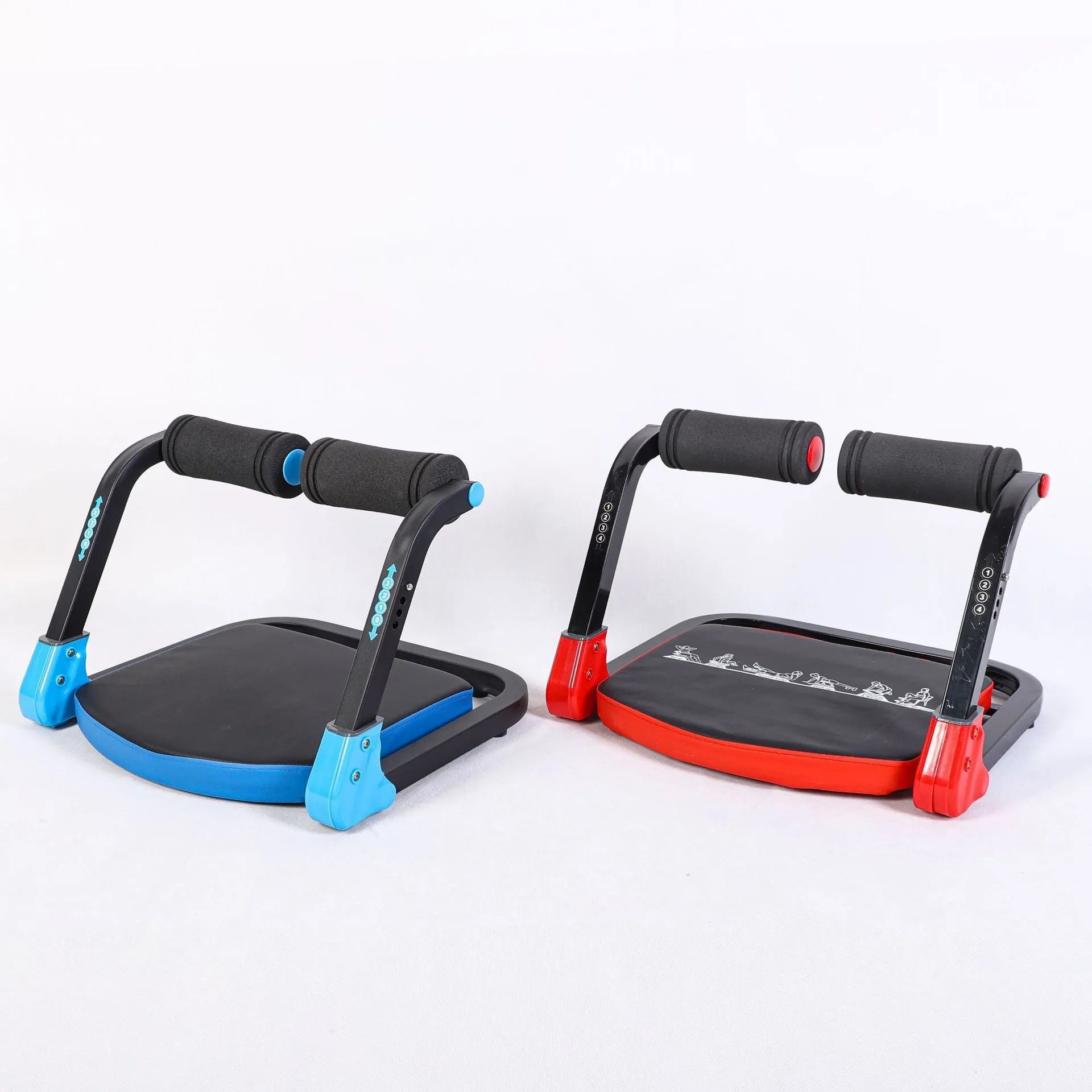 Compact abdominal exercise device in red and sky blue colours for portable core training