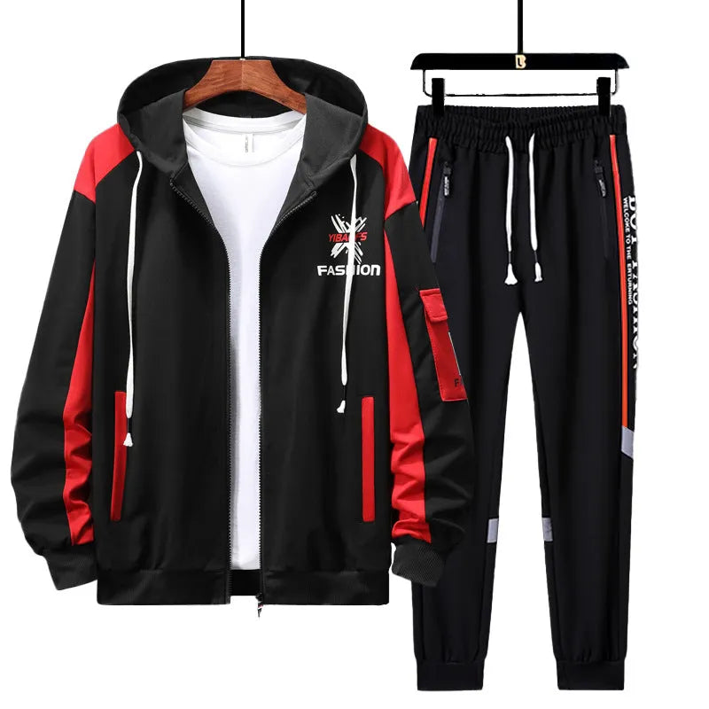 Men's autumn printed track suit set in red with polyester fibre fabric and side seam pockets.
