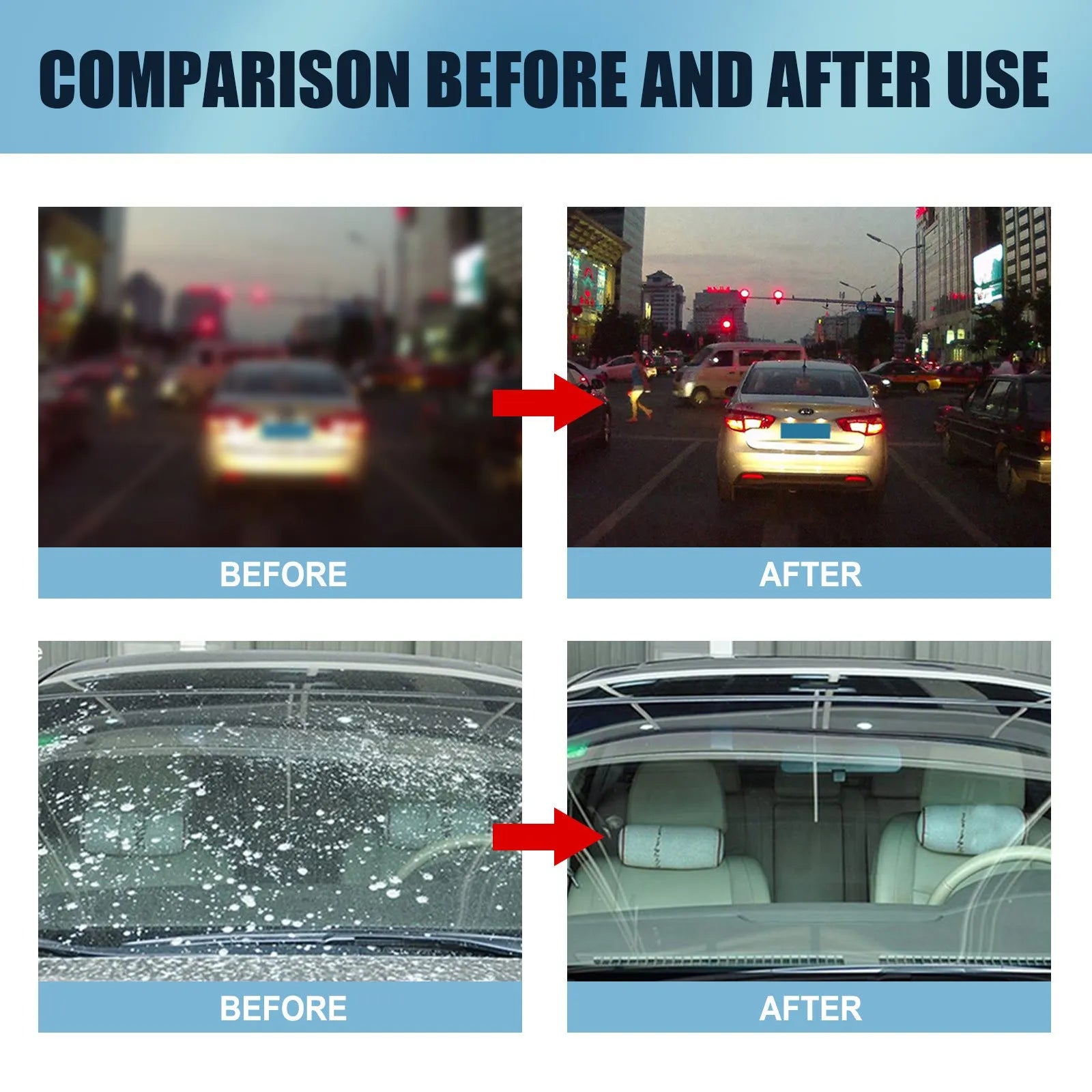 Blue car glass oil film remover and soft sponge applicator on a white background