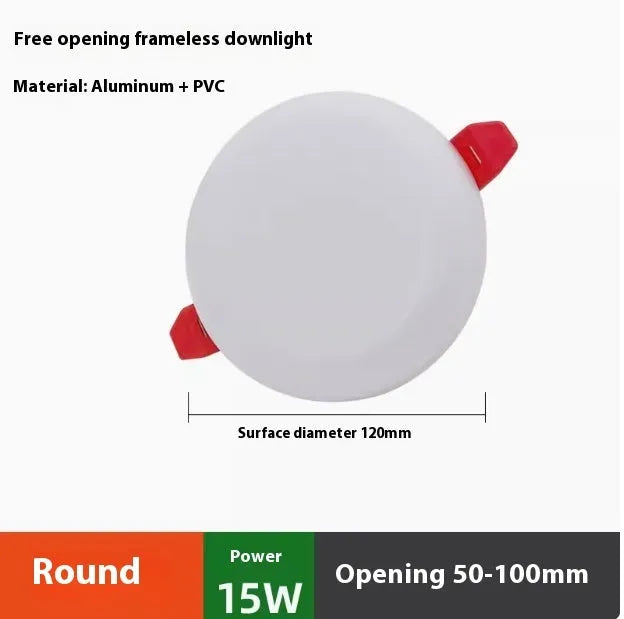 Ultra-thin circular and square aluminium LED panel ceiling lights showing white light.