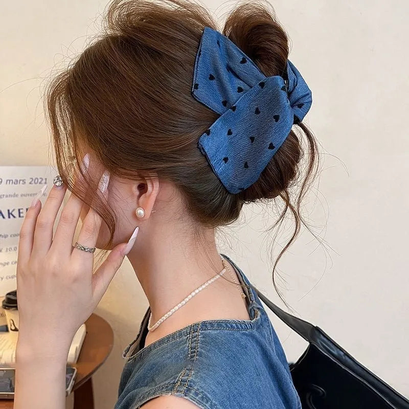 Handmade plastic hairpin with love denim bow triangle grip hair clip for women