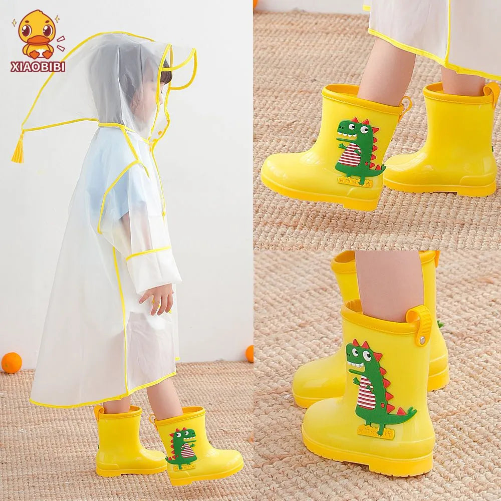 Children's non-slip low-top rain boots with dinosaur pattern in blue, pink, and yellow, PVC material, inner lengths 14-20cm