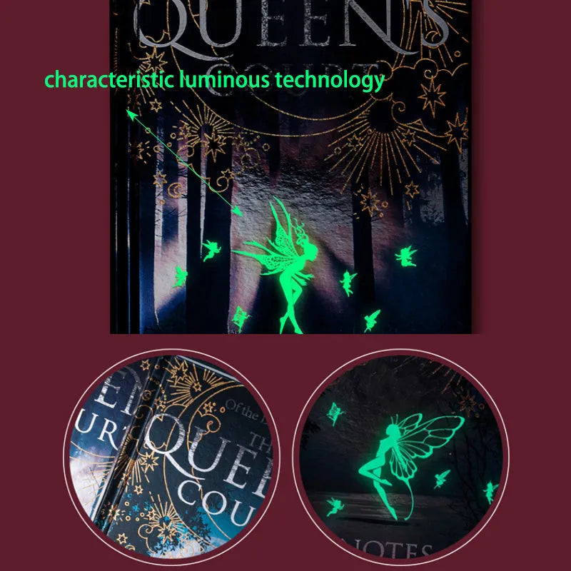 Blue and purple luminous hardcover A5 notebooks open to show full-colour illustrated pages.