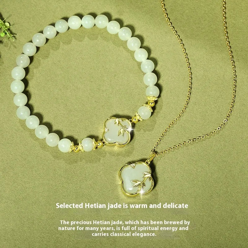 Hetian jade festival bracelet and necklace set with inlaid leaf design in national style