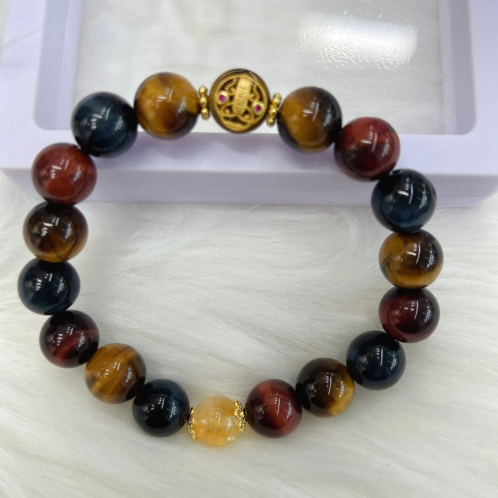 Natural colour tiger eye stone bead bracelet with maillard chain showing 18cm adjustable length