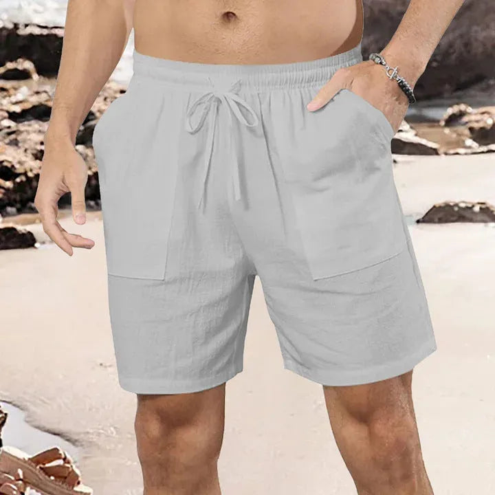 Men's straight leg linen shorts in light blue, black, white, khaki or light grey