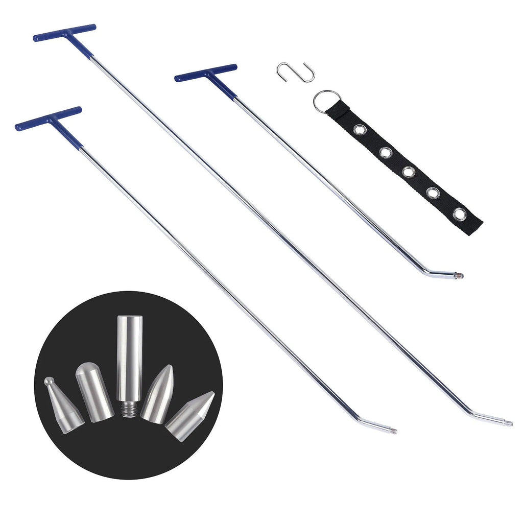 Three alloy steel hook crowbars for DIY car dent repair on a workbench.