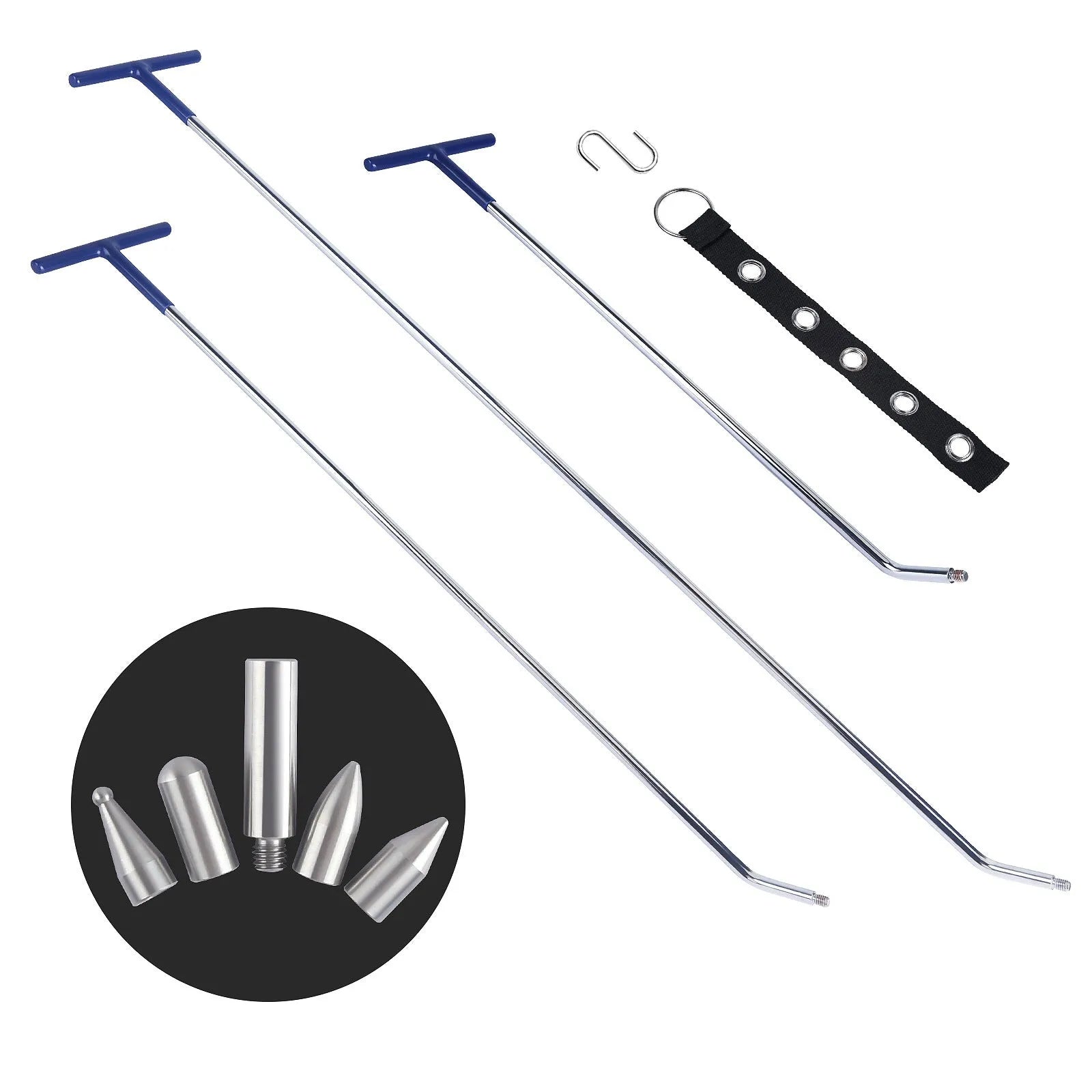 Three alloy steel hook crowbars for DIY car dent repair on a workbench.