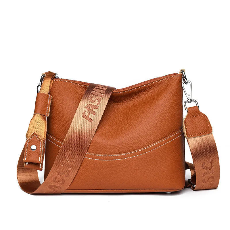 Genuine leather horizontal square crossbody bag with inner patch pocket, available in black, brown and khaki