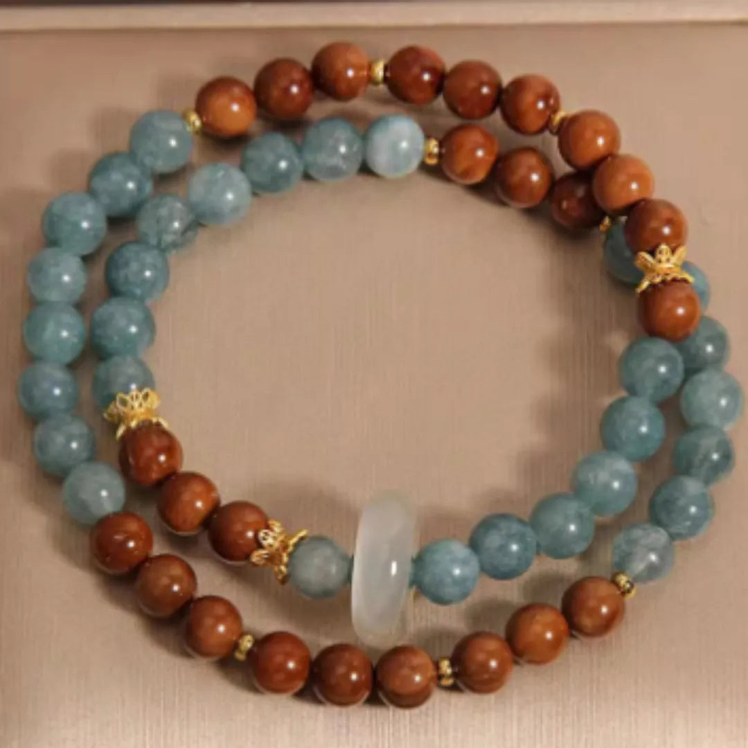 Women's double ring bracelet in cook blue water jade with electroplated finish, natural crystal semi-precious stone, flexible round geometric shape, New Chinese style